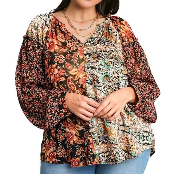 Umgee Mixed Print Paisley Floral Sheer Chiffon Top MED Bohemian Long Sleeve Fall - Picture 2 of 9